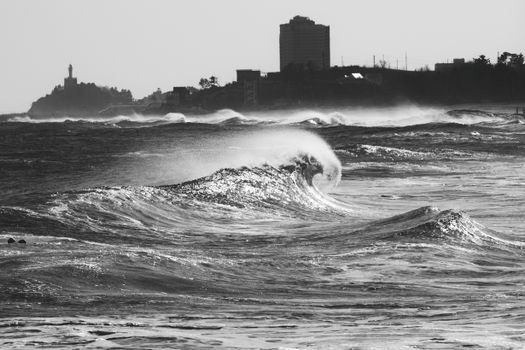 Powerful ocean waves crash against a distant coastline under a moody sky, captured in black and white.