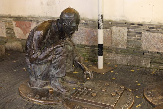 Bronze statue depicting a man playing Xiangqi, located in Nanjing, China.