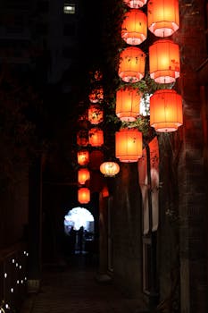 A dimly lit alley in Nanjing adorned with traditional red lanterns, showcasing cultural charm.