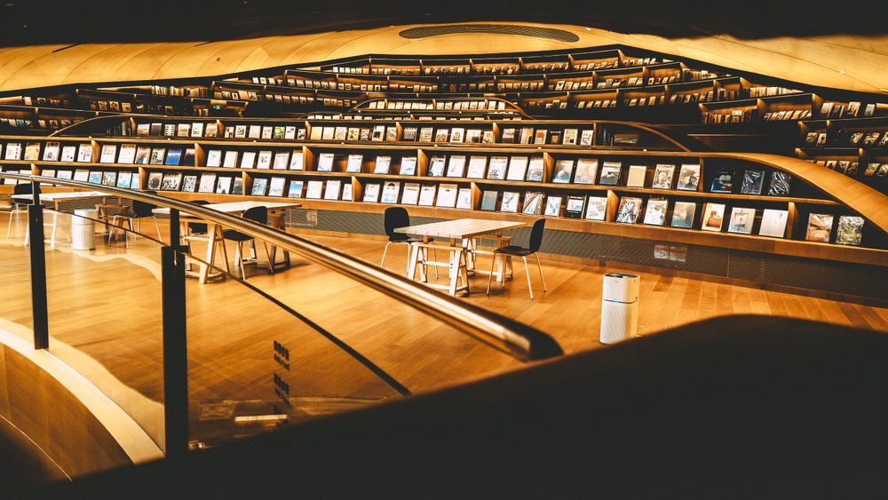 Bibliothèque moderne avec rayonnages courbes