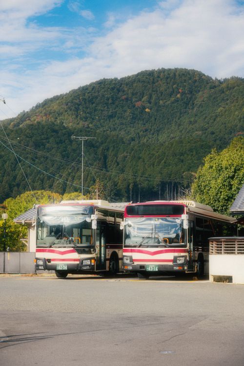 Free Two buses parked near lush green mountain scenery in daylight. Stock Photo