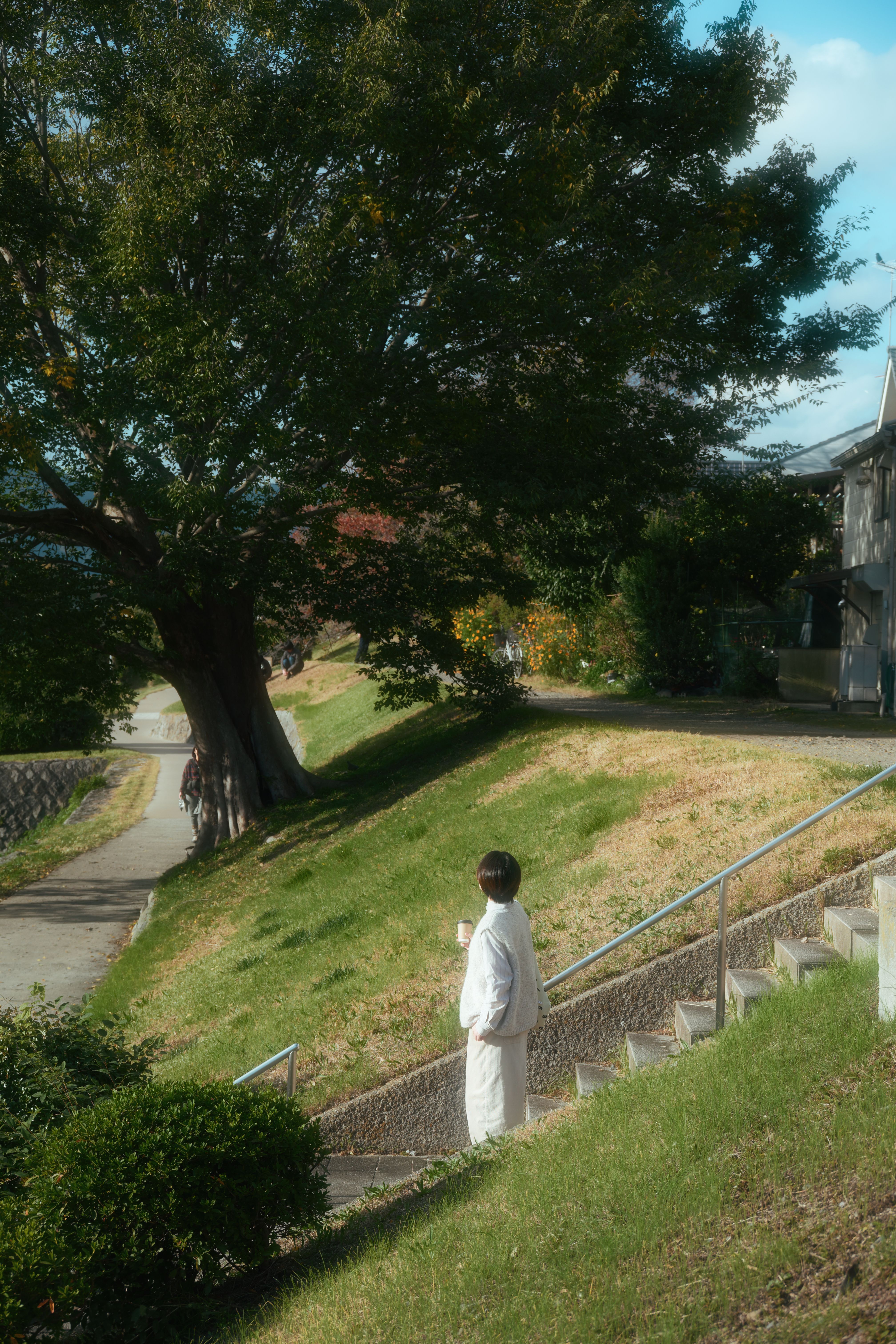 An individual in white stands on stairs, enjoying a serene park view on a sunny day.