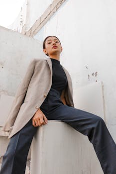 一位身着别致服装的时髦女性，以低角度拍摄的肖像散发着自信与优雅