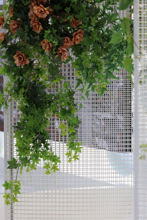 Free Green ivy and floral arrangement on a modern grid wall for interior decor inspiration. Stock Photo