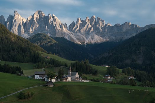 Breathtaking view of the Dolomites with a charming village in Veneto, Italy.