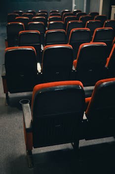 Rows of empty theater seats in a dimly lit room, creating a dramatic and nostalgic atmosphere.