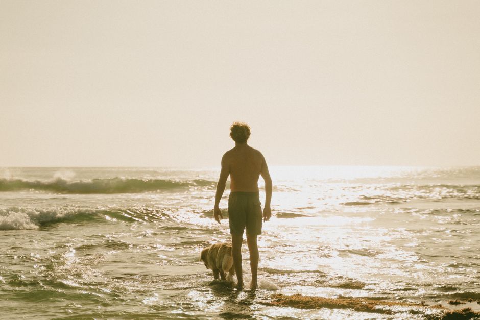 A man walks with his dog on a serene Bali beach during sunset, capturing tranquility and companionship.