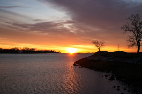 Free Beautiful sunset over a calm lake with silhouetted trees, creating a serene atmosphere. Stock Photo