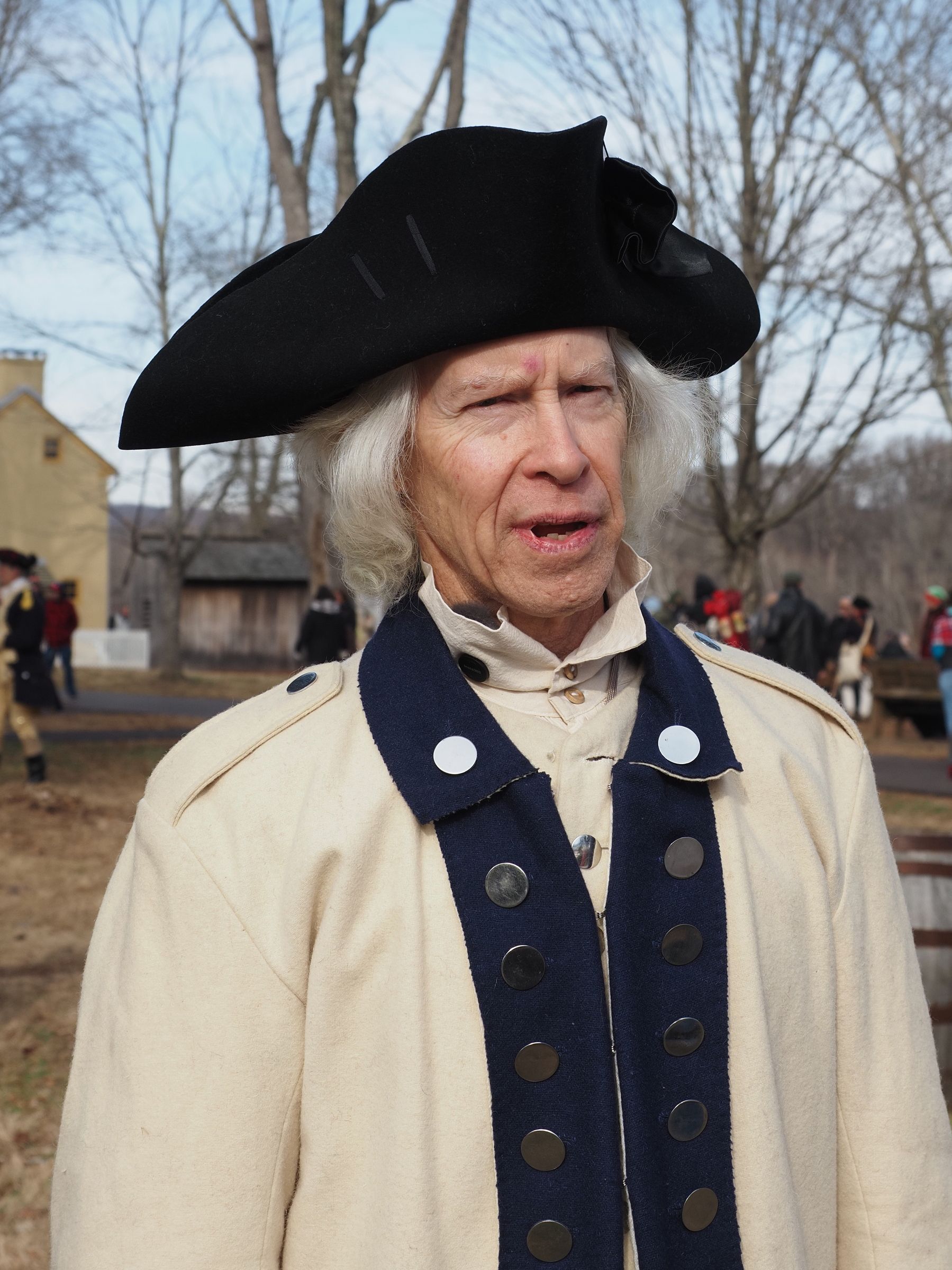 Historical reenactor in Revolutionary War outfit at Washington Crossing, Pennsylvania.
