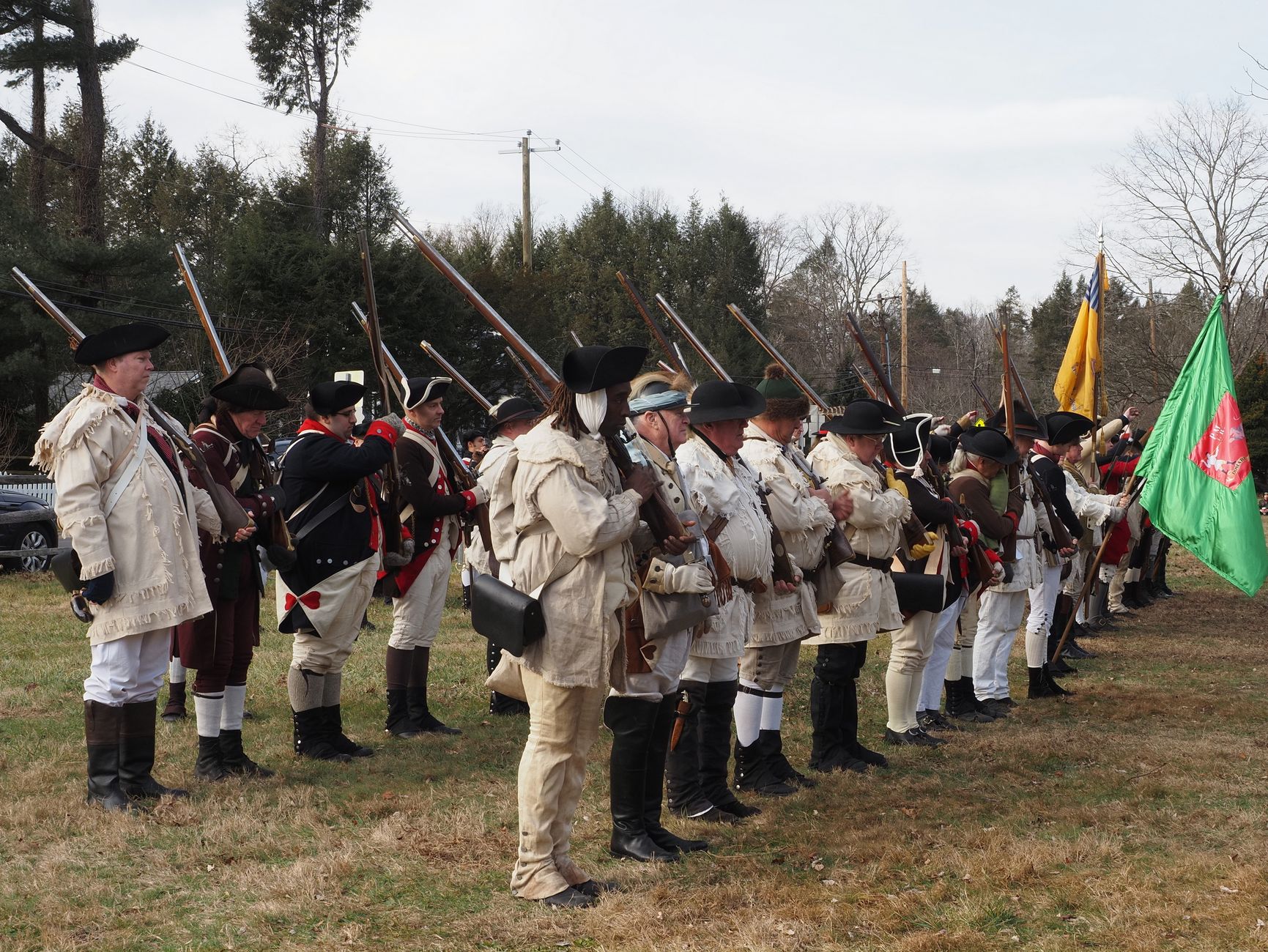 Historical reenactors depict Revolutionary War soldiers in Washington Crossing, PA.