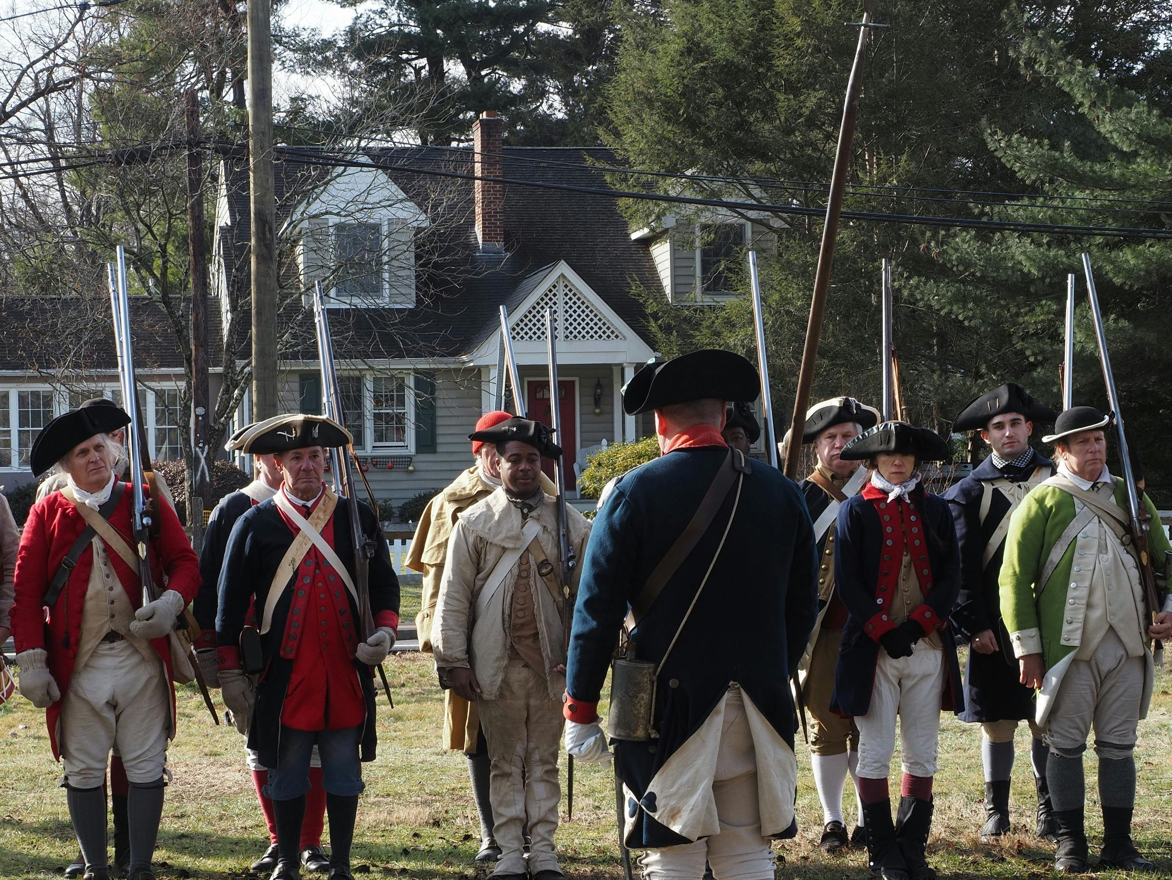 Actors portraying Revolutionary War soldiers in Washington Crossing, PA reenactment.