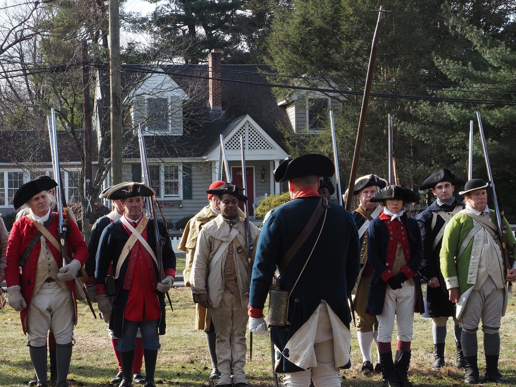 Actors portraying Revolutionary War soldiers in Washington Crossing, PA reenactment.
