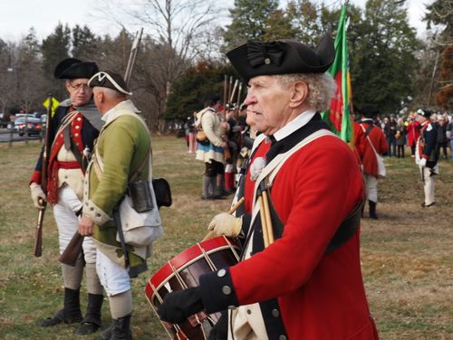 Free Authentic Revolutionary War reenactment in Washington Crossing, PA, showcasing historical costumes and drummers. Stock Photo