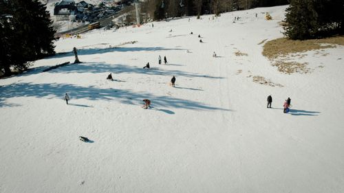 Free Aerial shot capturing people enjoying winter activities on a snowy slope in Feldberg, Germany. Stock Photo