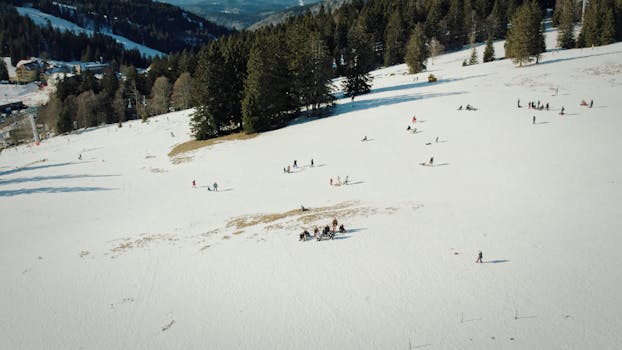Aerial view of people enjoying winter activities on the snowy Feldberg slopes.