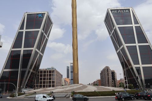 Free The Puerta de Europa towers stand tall in Madrid's skyline, a modern architectural marvel. Stock Photo
