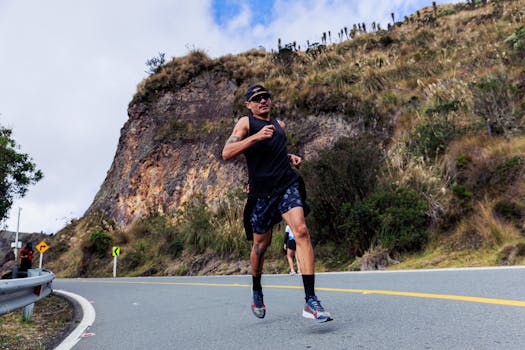 Athletic male running on a mountainous road, showcasing endurance and fitness.