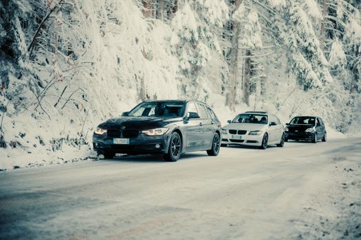 Cars lined up on a snowy road in a forest during winter creating a serene landscape.