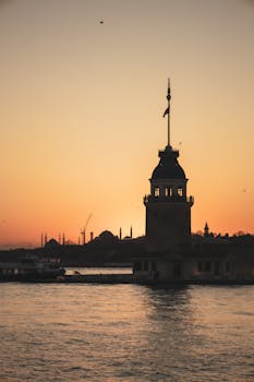 Captivating sunset view of Kız Kulesi with warm hues reflecting on the Bosphorus waters.