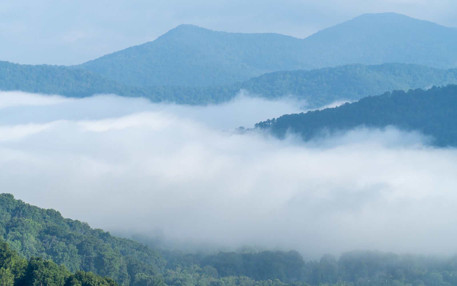 Forested mountain ridges fading into layers of haze and mist