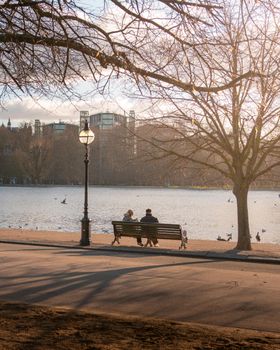 Couple enjoys a peaceful winter day on a park bench by the city lake. Tranquil and scenic.