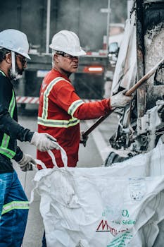 Two construction workers in protective gear handling materials on-site.