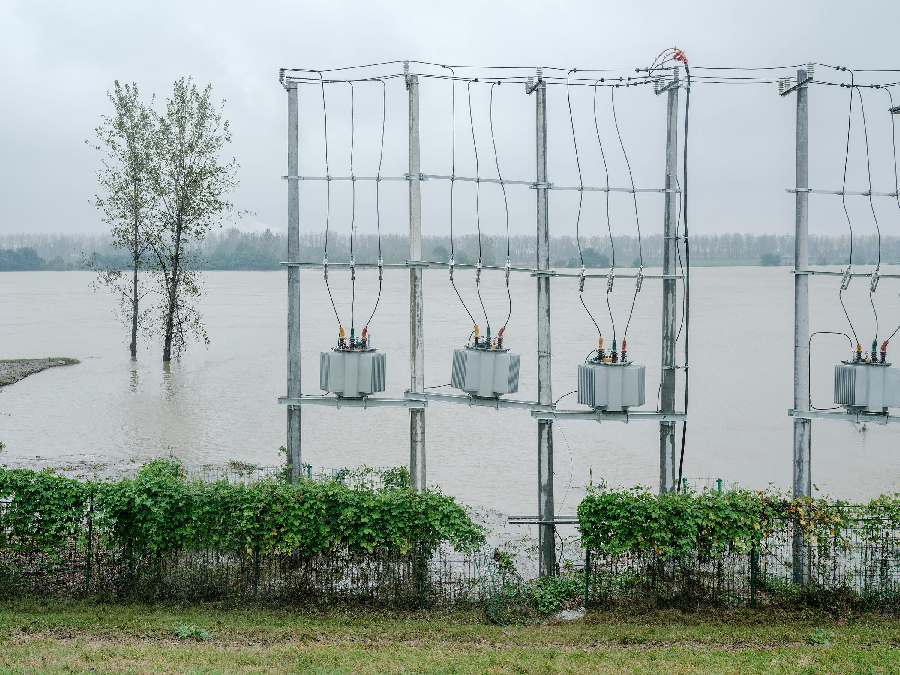 Power transformers in a flooded area with a lone tree in the background, overcast sky.