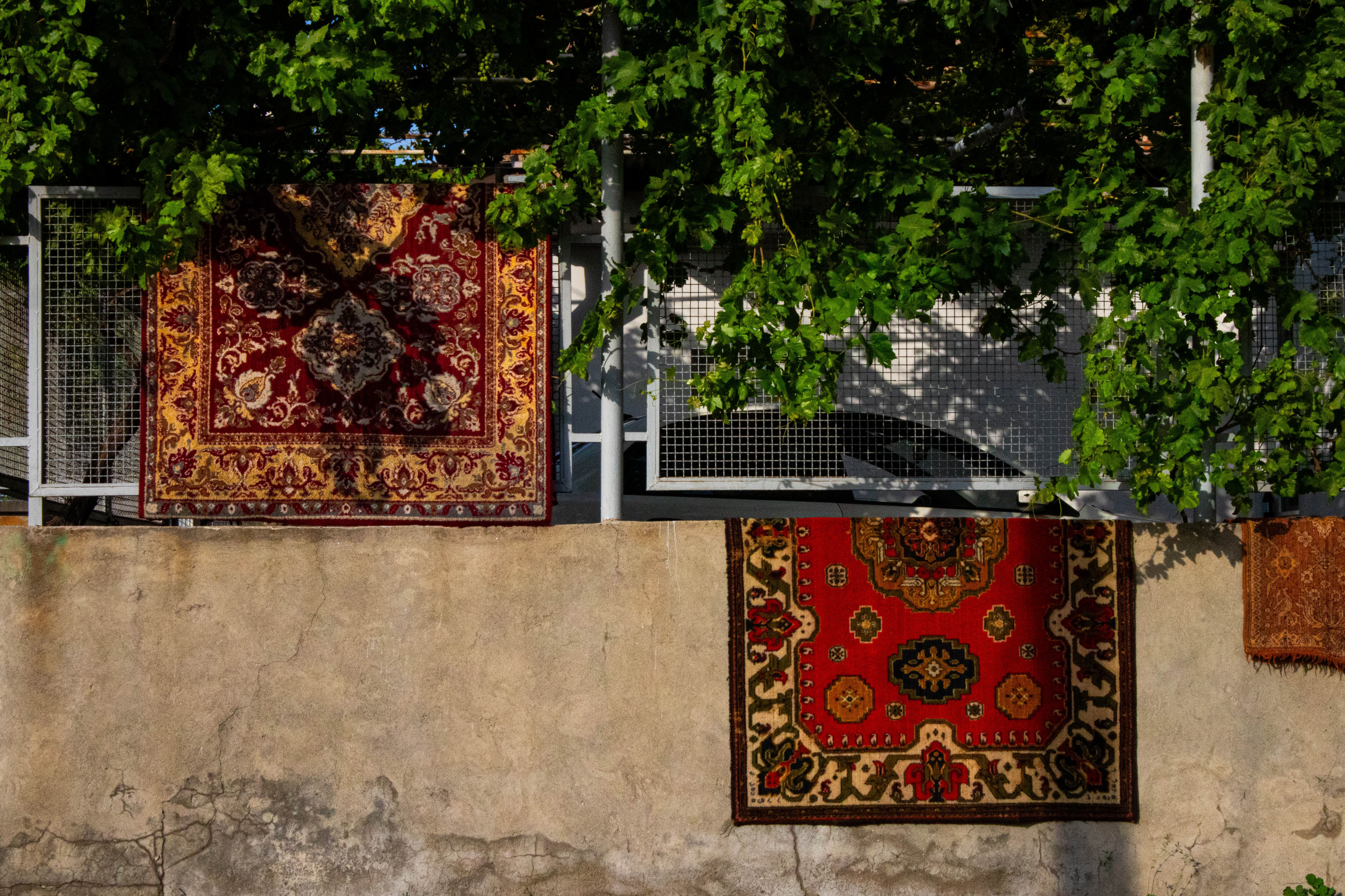 Outdoor-Teppich auf überdachtem Balkon mit Stühlen und Pflanzkübeln, geeignet als günstiger Balkonboden ohne Bohren.