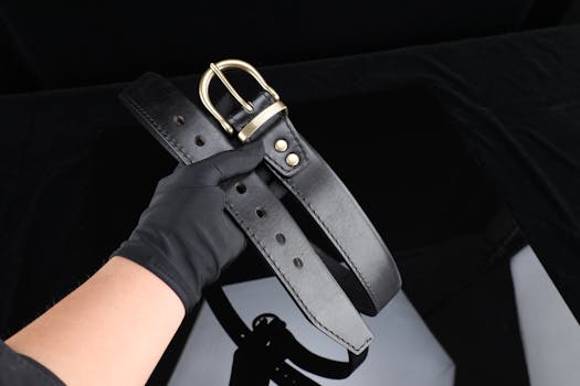 Stylish black leather belt with gold buckle, ideal for fashion accessories and handmade gift ideas.