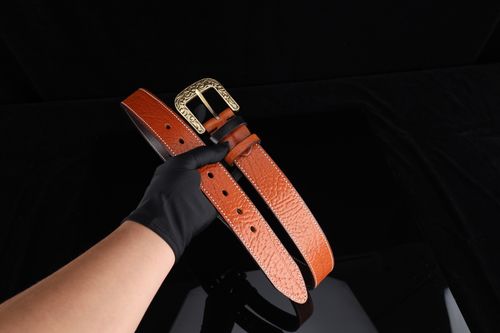 Free Close-up of a luxury leather belt with ornate brass buckle, ideal for fashion or gift. Stock Photo