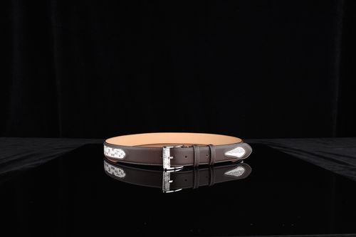 Free Sophisticated brown leather belt with silver buckle shown on a reflective black surface. Stock Photo