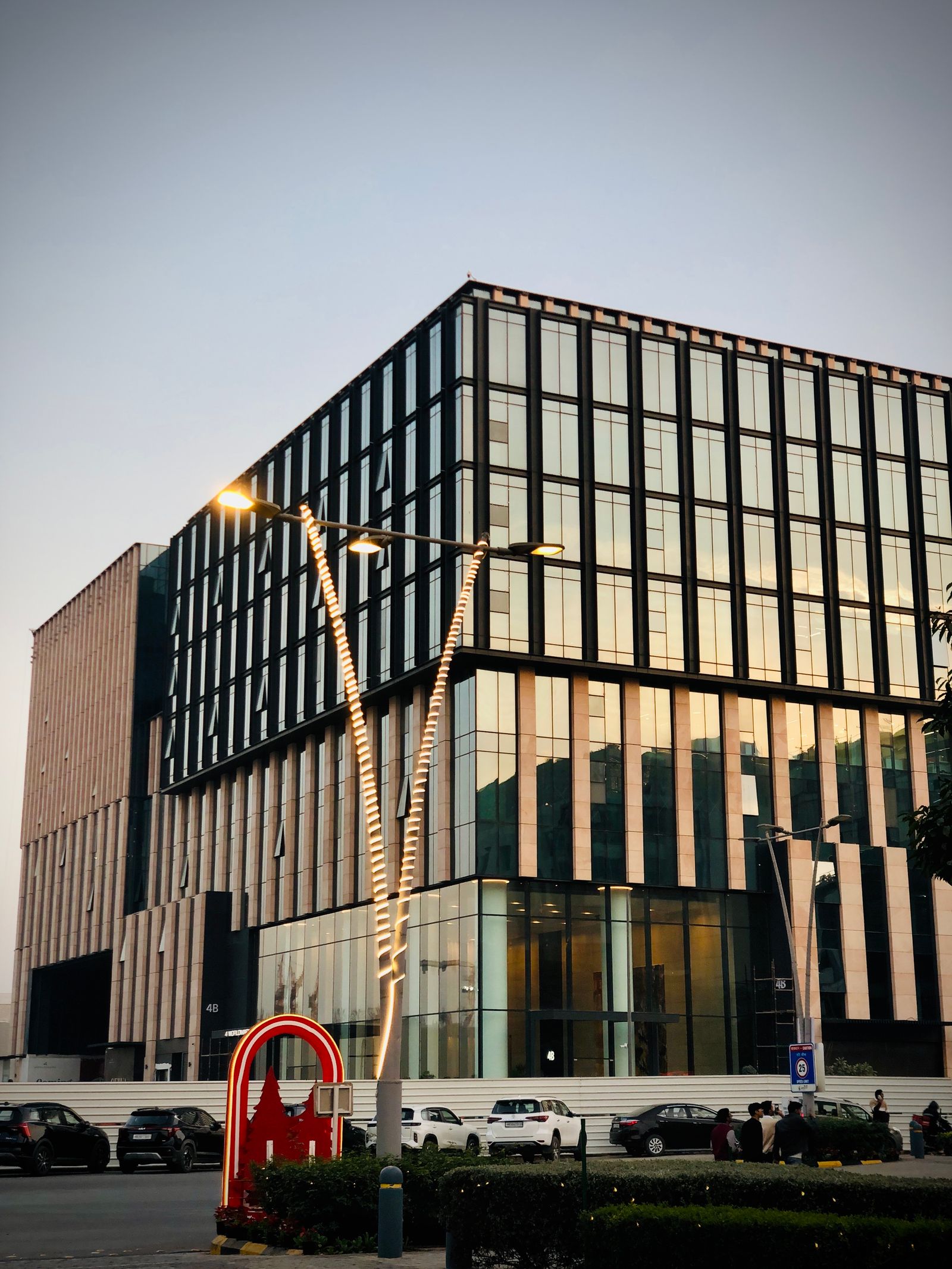 Modern office building at dusk