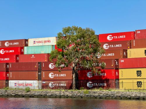 Free Colorful shipping containers stacked near a tree by Melbourne's waterfront showcasing industrial and natural contrast. Stock Photo