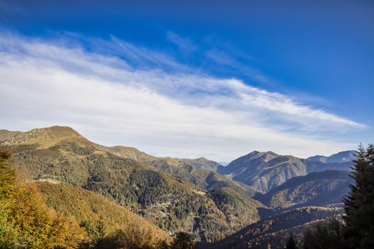 Expansive view of lush, serene mountain ranges under a vibrant blue sky in autumn.