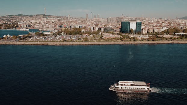 Scenic aerial view of Istanbul featuring the Bosphorus and city skyline under a clear sky.