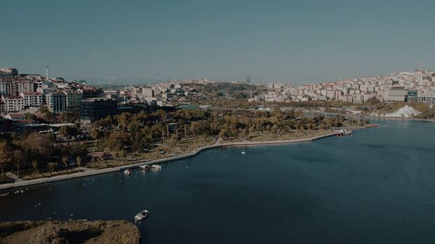 A scenic aerial view of Istanbul featuring its vibrant cityscape and tranquil waterfront under clear skies.