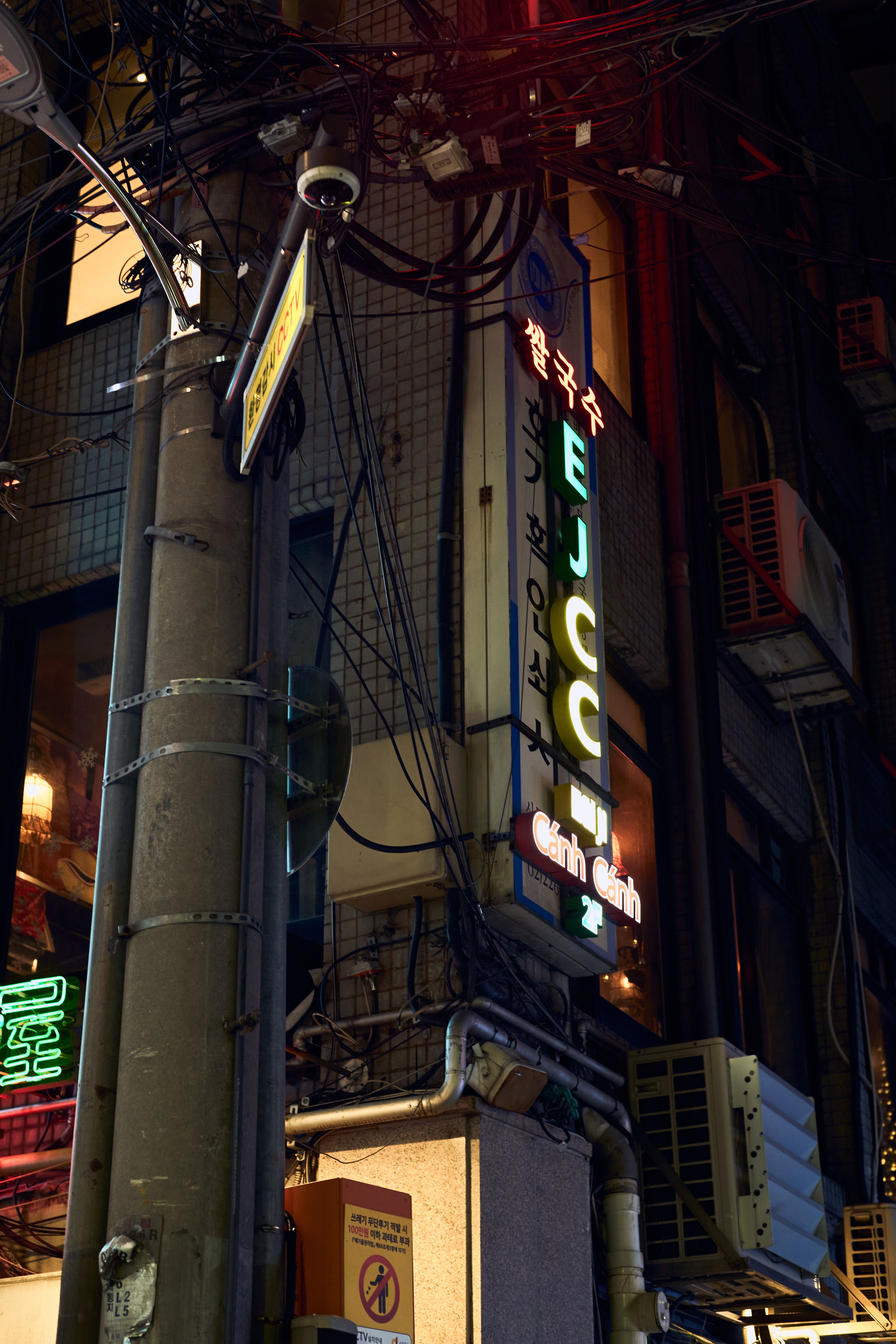 Nighttime urban street scene with neon signs and overhead power lines.
