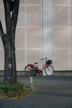 A red bicycle leaning against a contemporary wall near a tree on a city street.