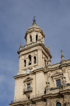 Close-up of the cathedral bell tower against a blue sky in Jaén, Andalucía, España.