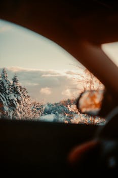 Serene winter landscape viewed through a car window, featuring snow-covered trees at sunset.