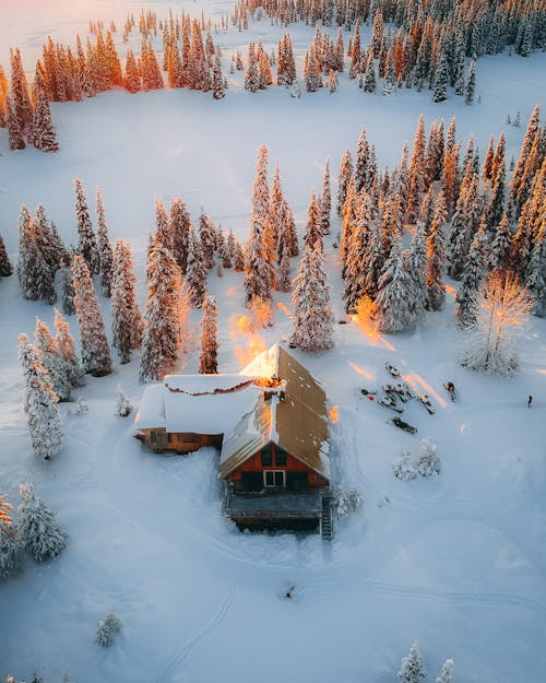 Aerial Photography of House, Field, and Trees Covered With Snow