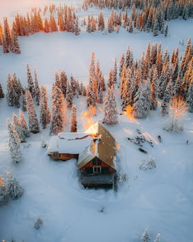 日落时分，从空中俯瞰，一座白雪皑皑的小屋令人惊叹，四周环绕着高大的常绿树木