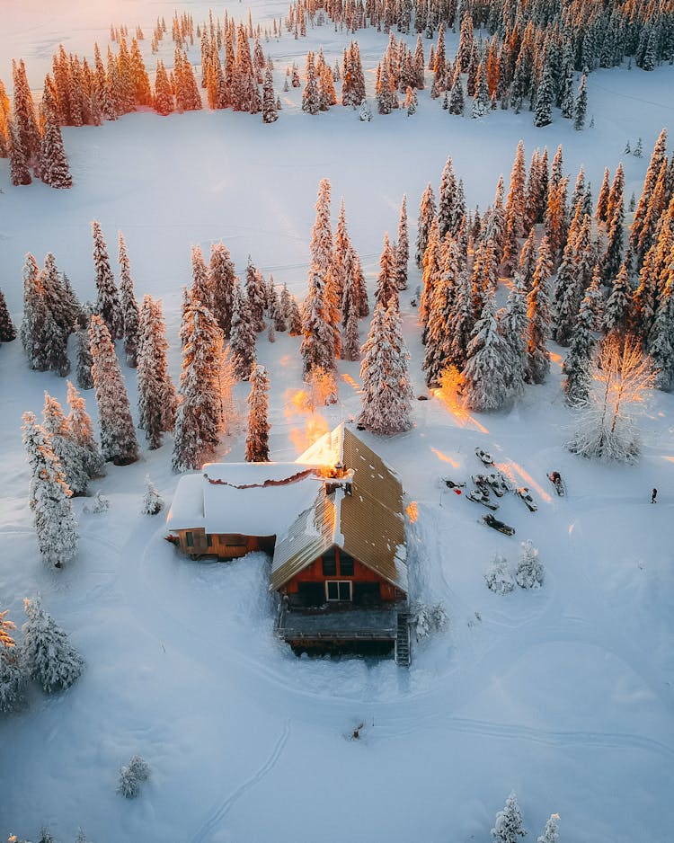 Aerial Photography Of House, Field, And Trees Covered With Snow