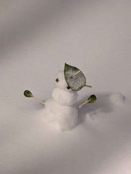 Adorable small snowman decorated with leaves sitting on fresh snow, embracing winter charm.