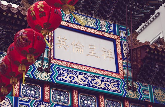 中国寺庙入口充满活力，华丽的细节和红灯笼成为焦点