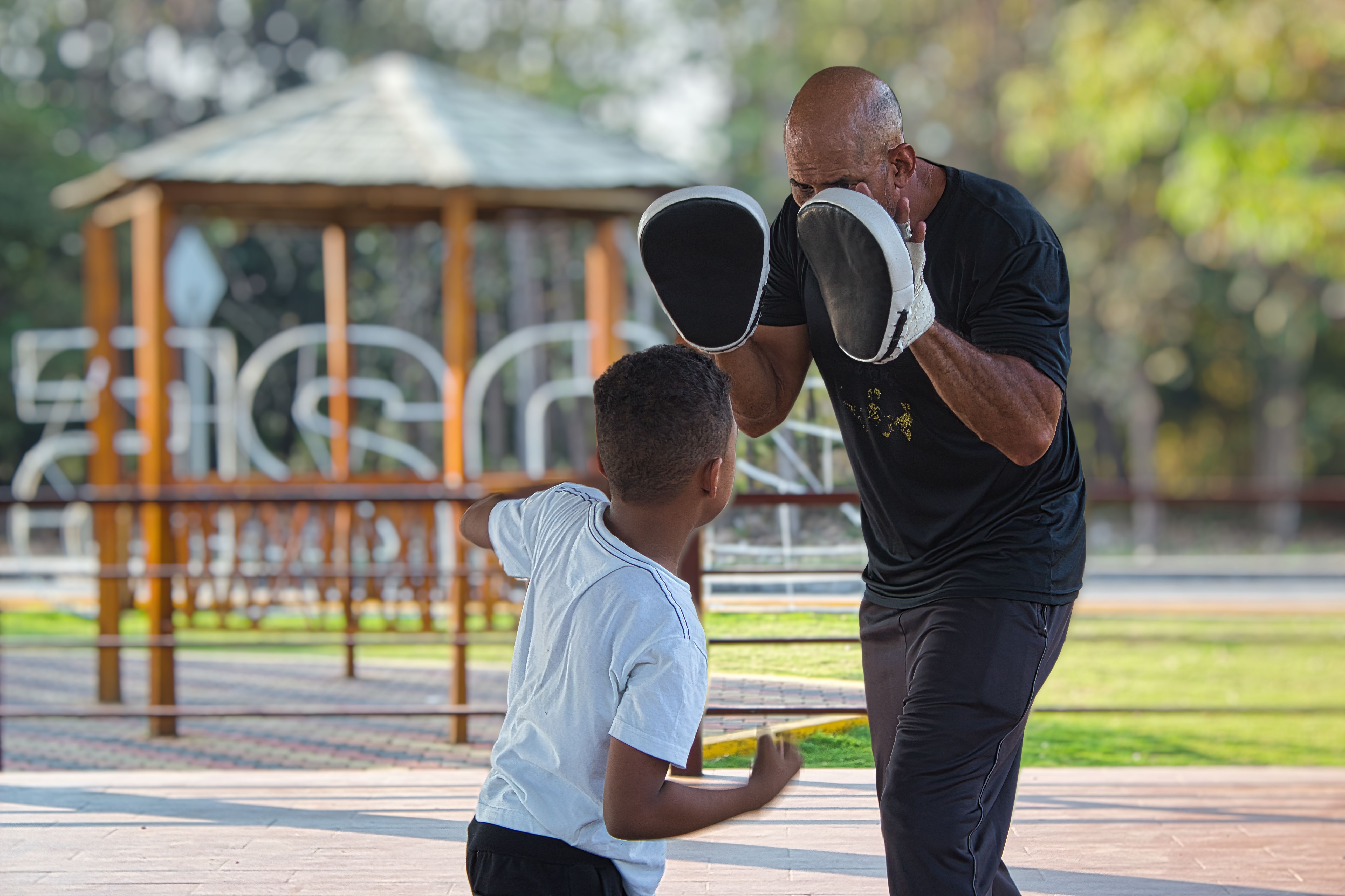 Father and Son Boxing Training Outdoors in Park · Free Stock Photo