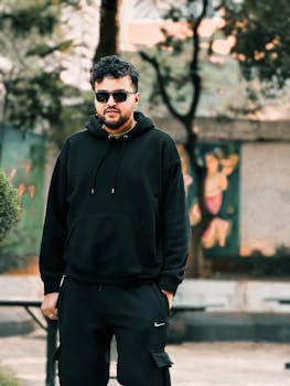 Man in black attire standing confidently in an urban park. Modern and moody style.