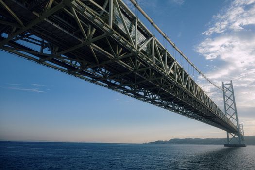 A stunning view of the Akashi Kaikyō Bridge stretching over the ocean under a serene blue sky.