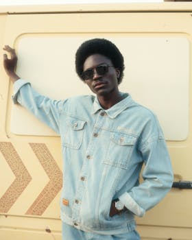A fashionable young man in Nigeria poses in denim against a retro yellow van, exuding cool vibes.
