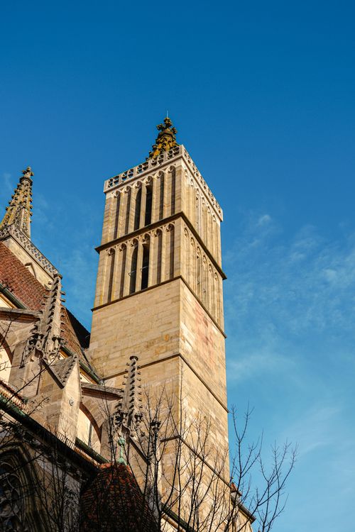 Free View of the architectural details of St. James Church tower in Rothenburg ob der Tauber, Germany. Stock Photo